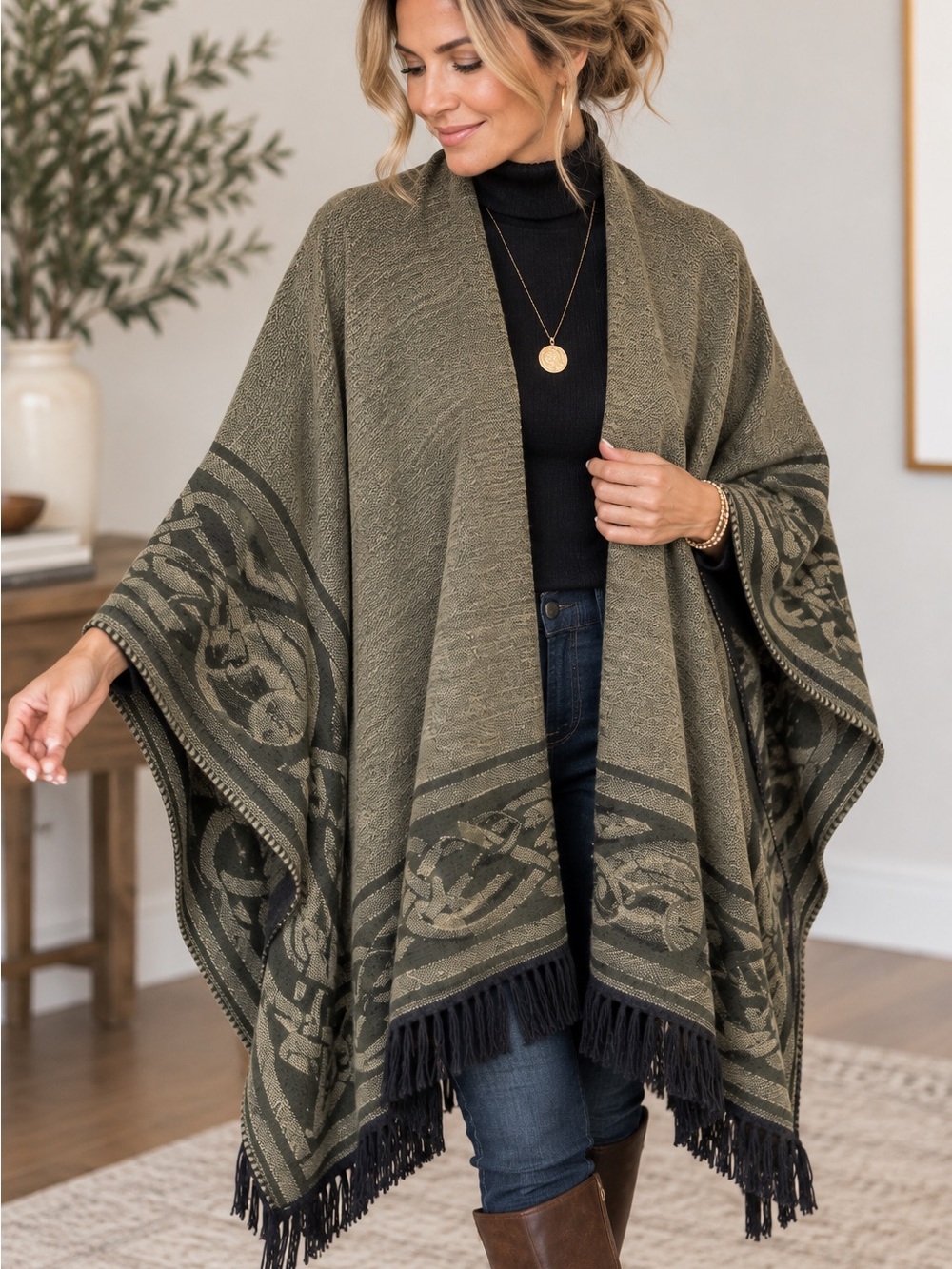 Celtic Knot Jacquard Ruana Wrap Olive Green Fringe Oversized Boho One Size